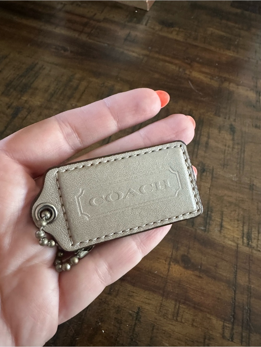 Coach Metallic Taupe Leather Key Tag Hangtag  with Ball Chain